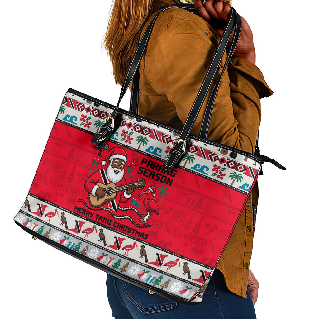 Parang Music Christmas Trinidad And Tobago Leather Tote Bag Scarlet Ibis Santa Merry Trini Christmas