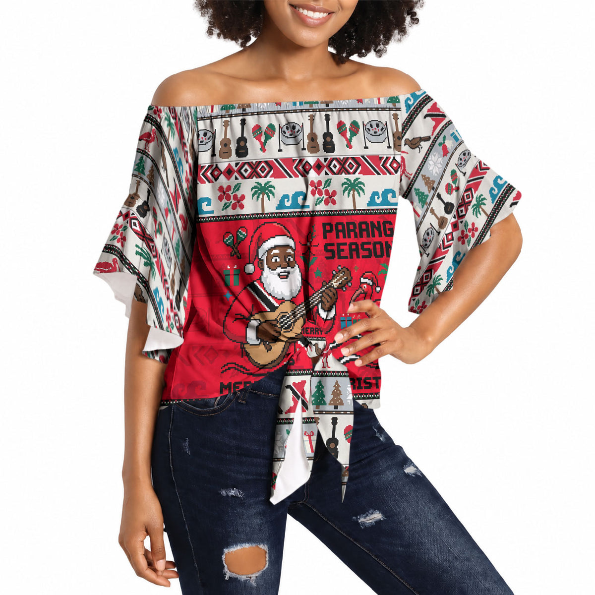 Parang Music Christmas Trinidad And Tobago Off Shoulder Wrap Waist Top Scarlet Ibis Santa Merry Trini Christmas
