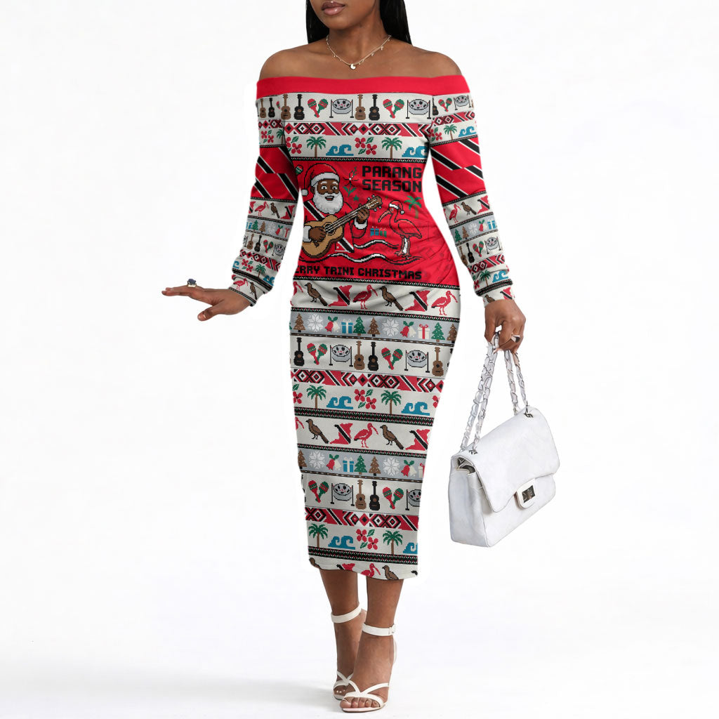 Parang Music Christmas Trinidad And Tobago Off The Shoulder Long Sleeve Dress Scarlet Ibis Santa Merry Trini Christmas