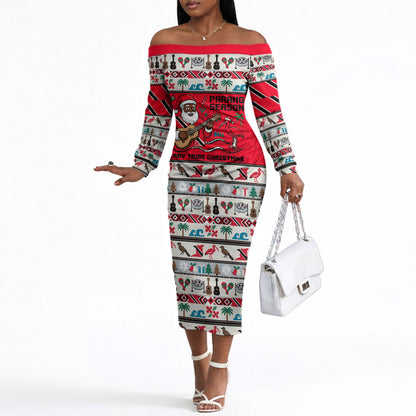 Parang Music Christmas Trinidad And Tobago Off The Shoulder Long Sleeve Dress Scarlet Ibis Santa Merry Trini Christmas
