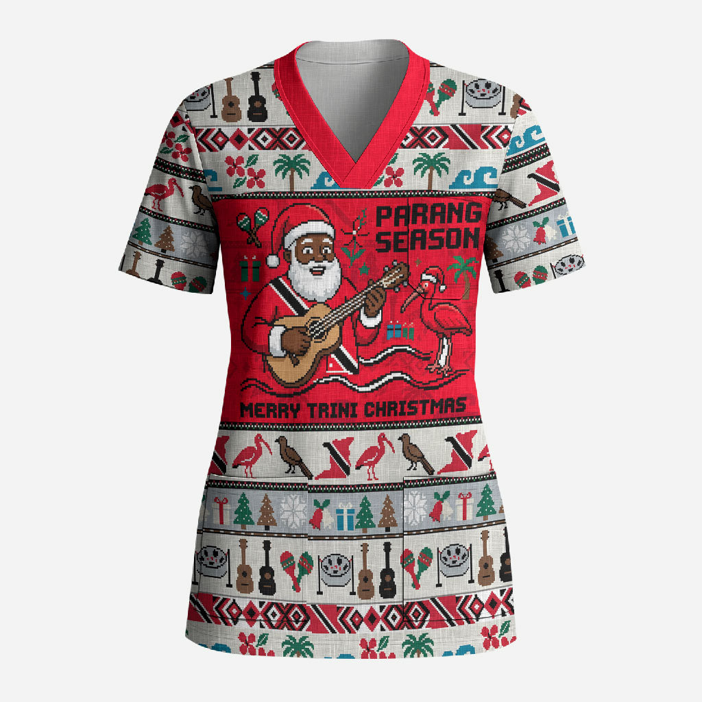 Parang Music Christmas Trinidad And Tobago Scrub Top Scarlet Ibis Santa Merry Trini Christmas