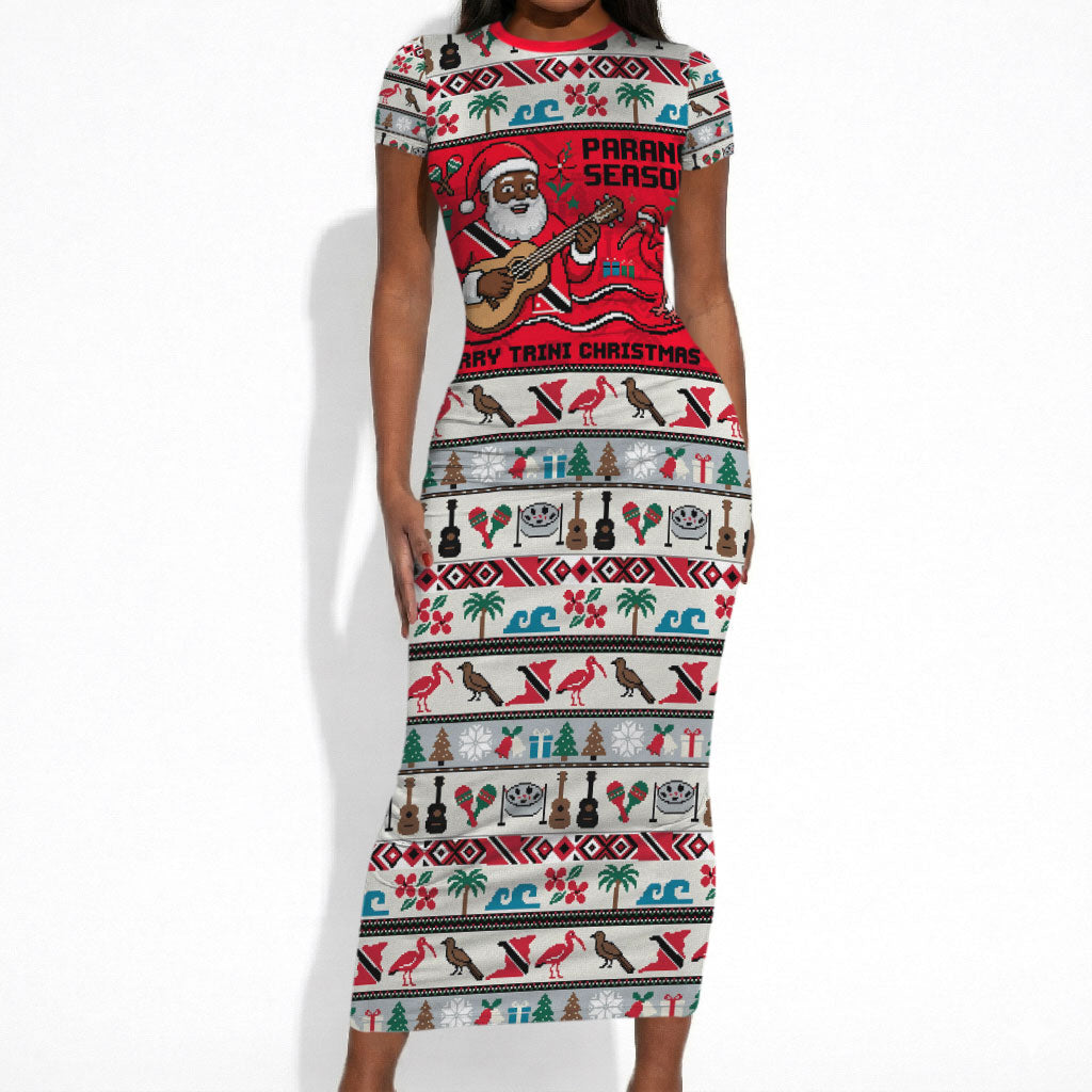 Parang Music Christmas Trinidad And Tobago Short Sleeve Bodycon Dress Scarlet Ibis Santa Merry Trini Christmas