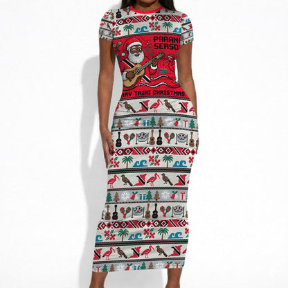 Parang Music Christmas Trinidad And Tobago Short Sleeve Bodycon Dress Scarlet Ibis Santa Merry Trini Christmas