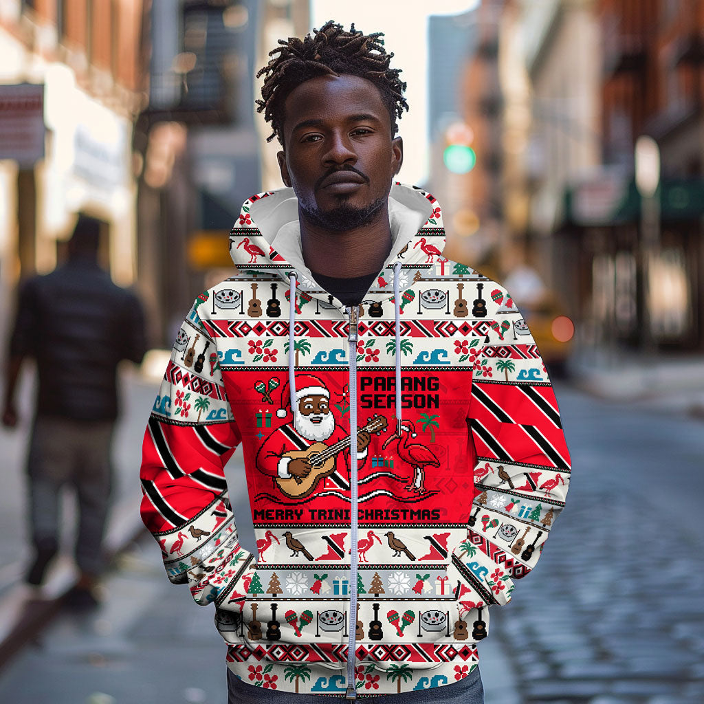 Parang Music Christmas Trinidad And Tobago Zip Hoodie Scarlet Ibis Santa Merry Trini Christmas