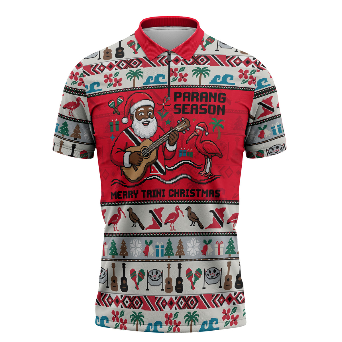 Parang Music Christmas Trinidad And Tobago Zipper Polo Shirt Scarlet Ibis Santa Merry Trini Christmas
