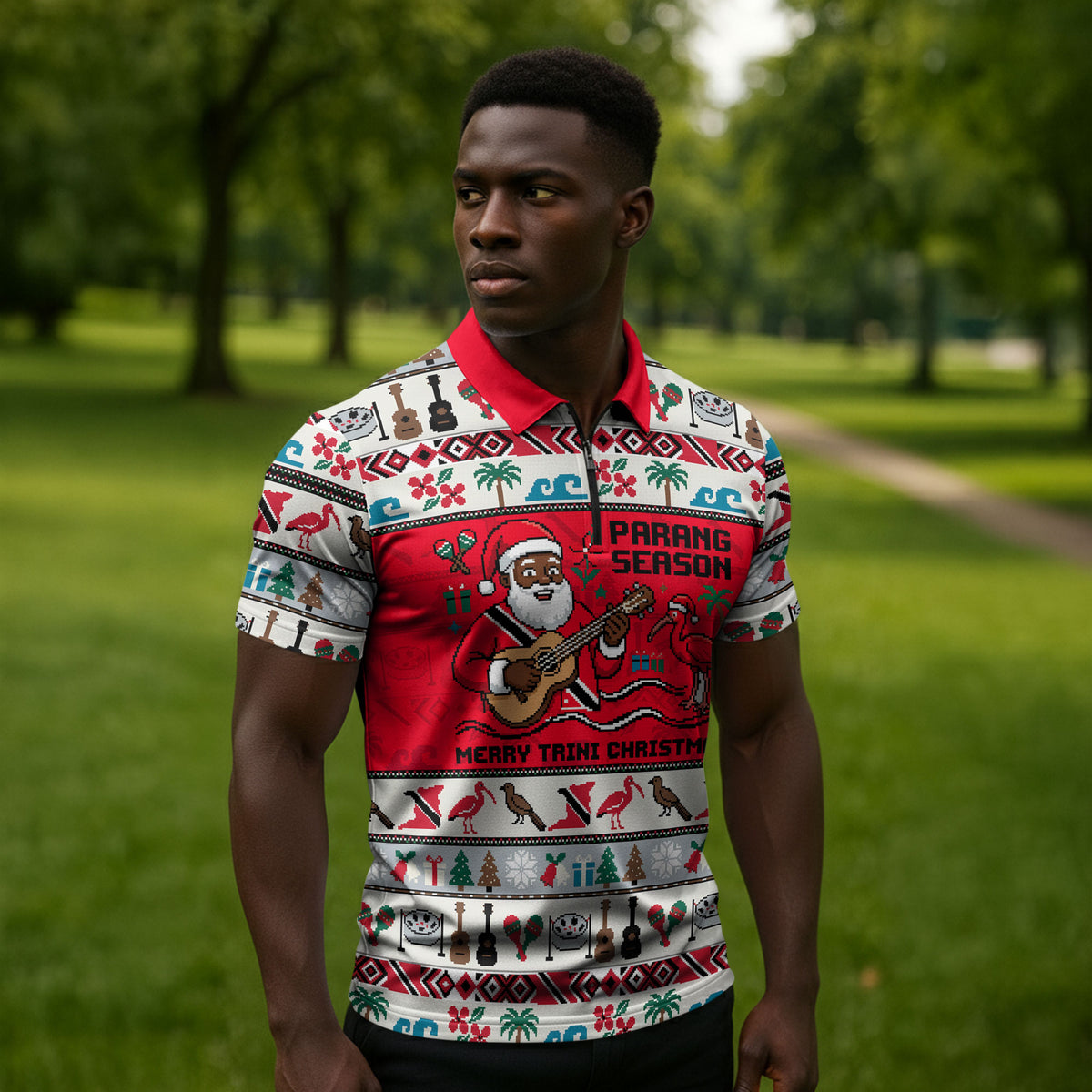 Parang Music Christmas Trinidad And Tobago Zipper Polo Shirt Scarlet Ibis Santa Merry Trini Christmas