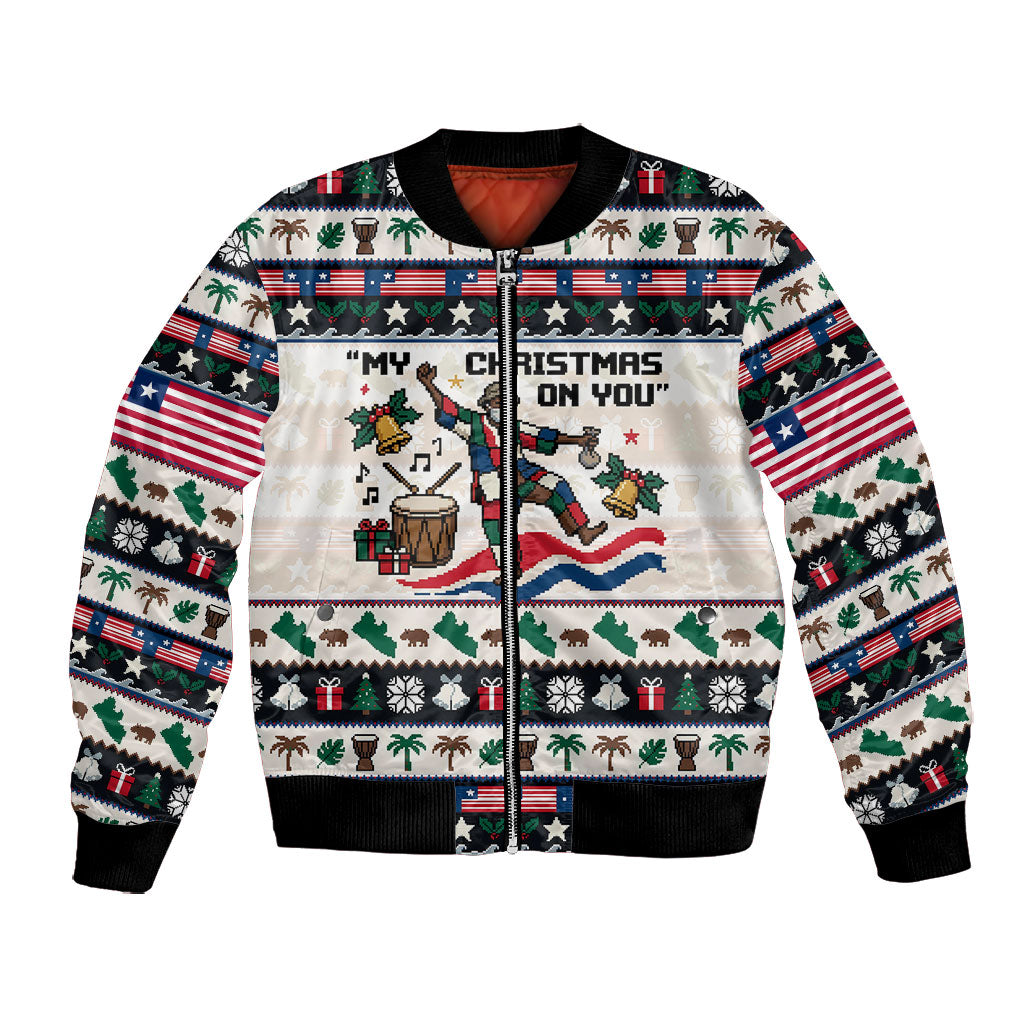 Liberia Christmas On You Bomber Jacket Old Man Bayka - Pygmy Hippo - Liberia Map Djembe Drum