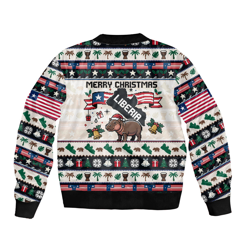 Liberia Christmas On You Bomber Jacket Old Man Bayka - Pygmy Hippo - Liberia Map Djembe Drum