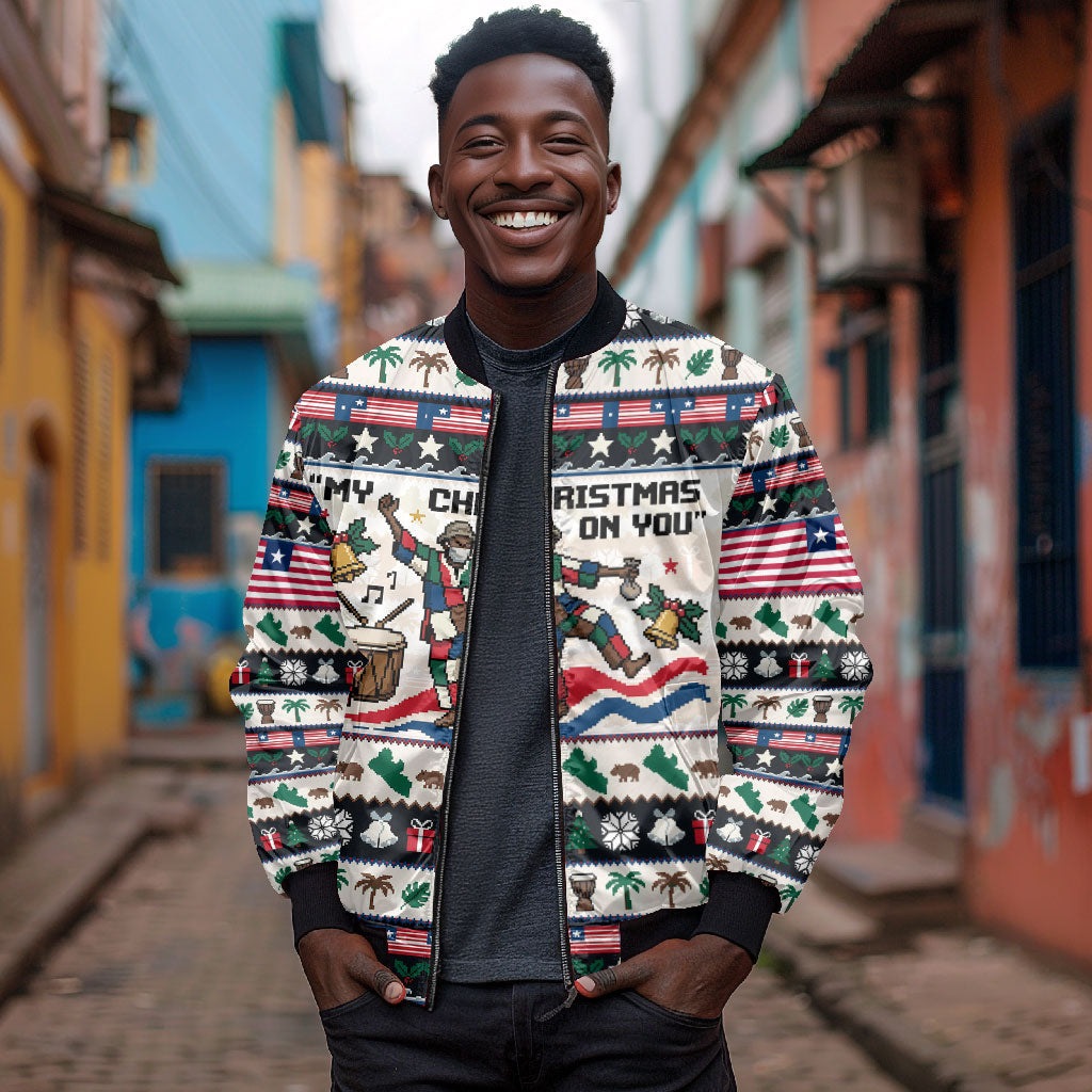 Liberia Christmas On You Bomber Jacket Old Man Bayka - Pygmy Hippo - Liberia Map Djembe Drum