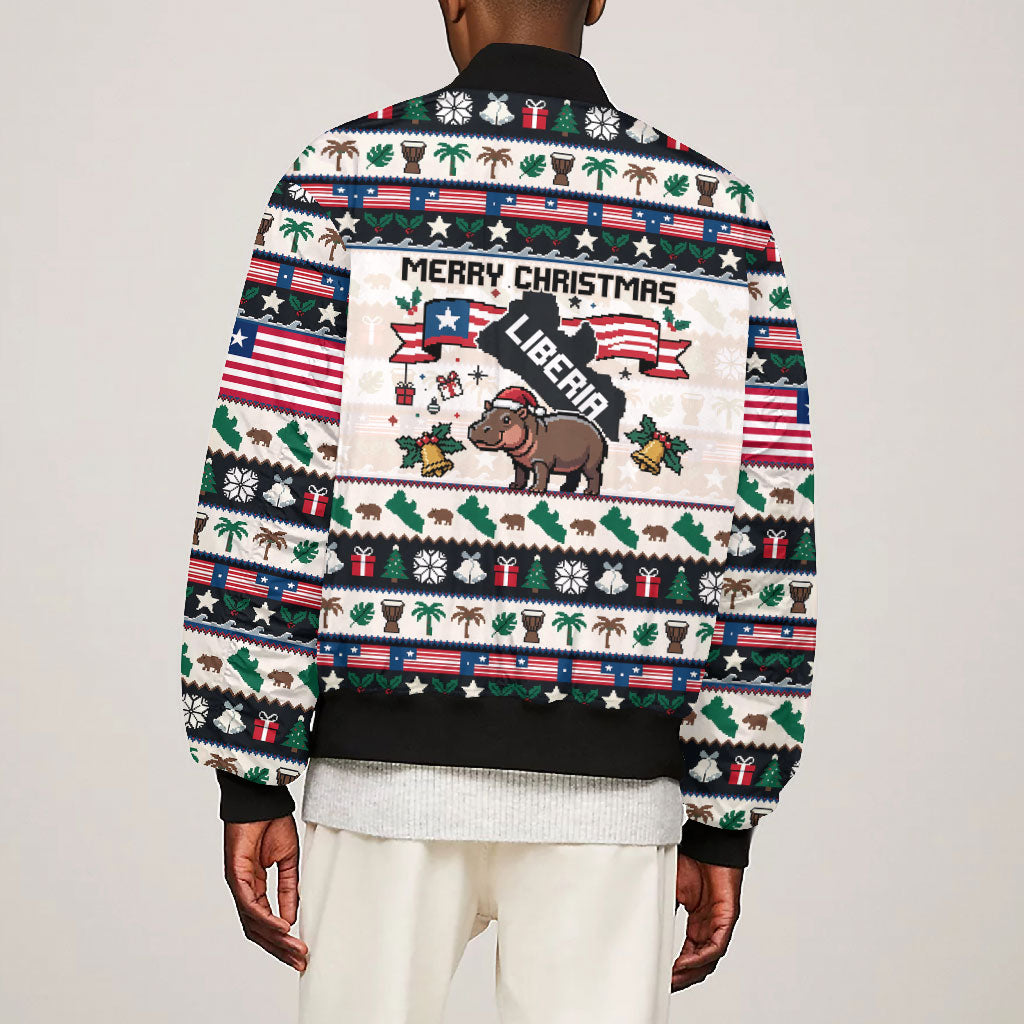 Liberia Christmas On You Bomber Jacket Old Man Bayka - Pygmy Hippo - Liberia Map Djembe Drum