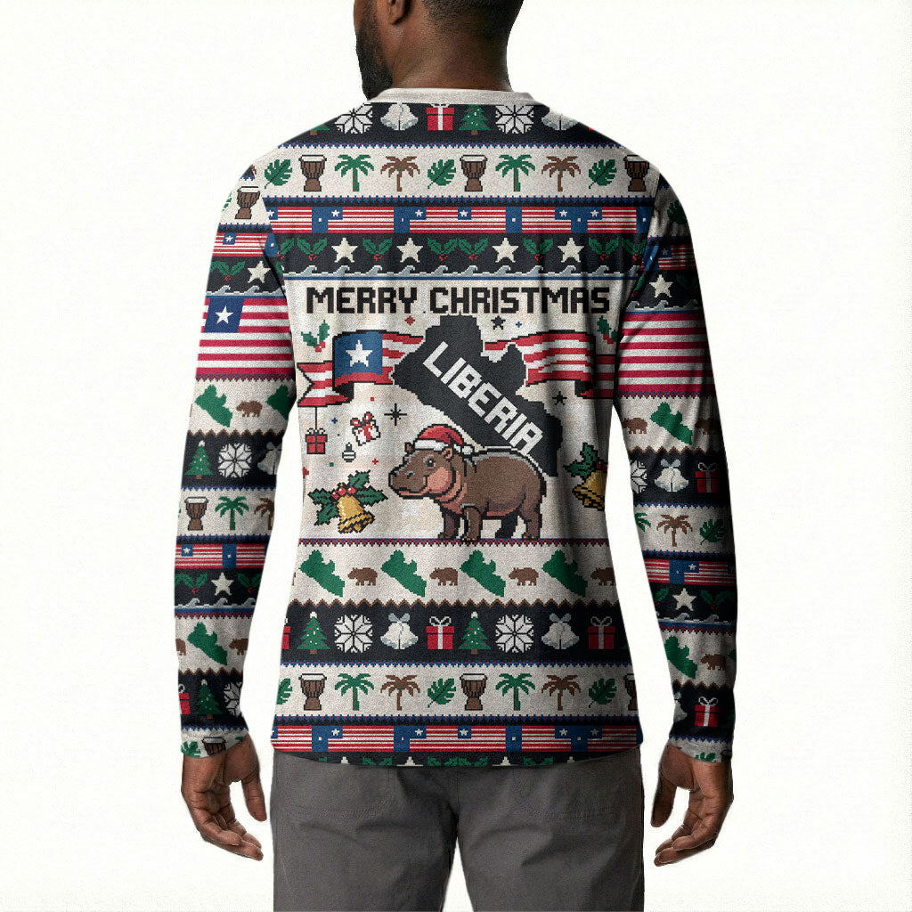 Liberia Christmas On You Button Sweatshirt Old Man Bayka - Pygmy Hippo - Liberia Map Djembe Drum