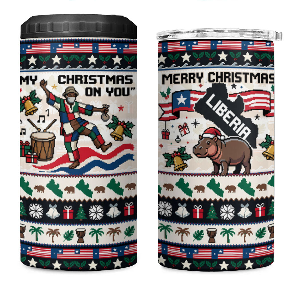 Liberia Christmas On You 4 in 1 Can Cooler Tumbler Old Man Bayka - Pygmy Hippo - Liberia Map Djembe Drum