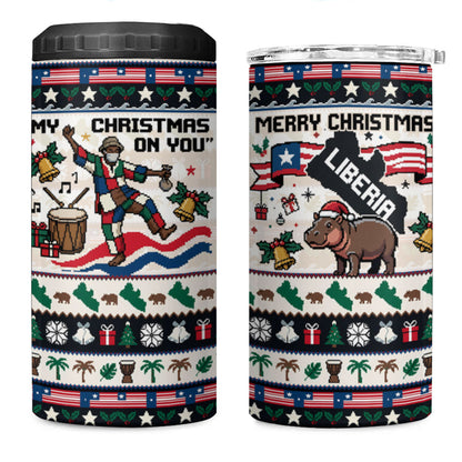 Liberia Christmas On You 4 in 1 Can Cooler Tumbler Old Man Bayka - Pygmy Hippo - Liberia Map Djembe Drum