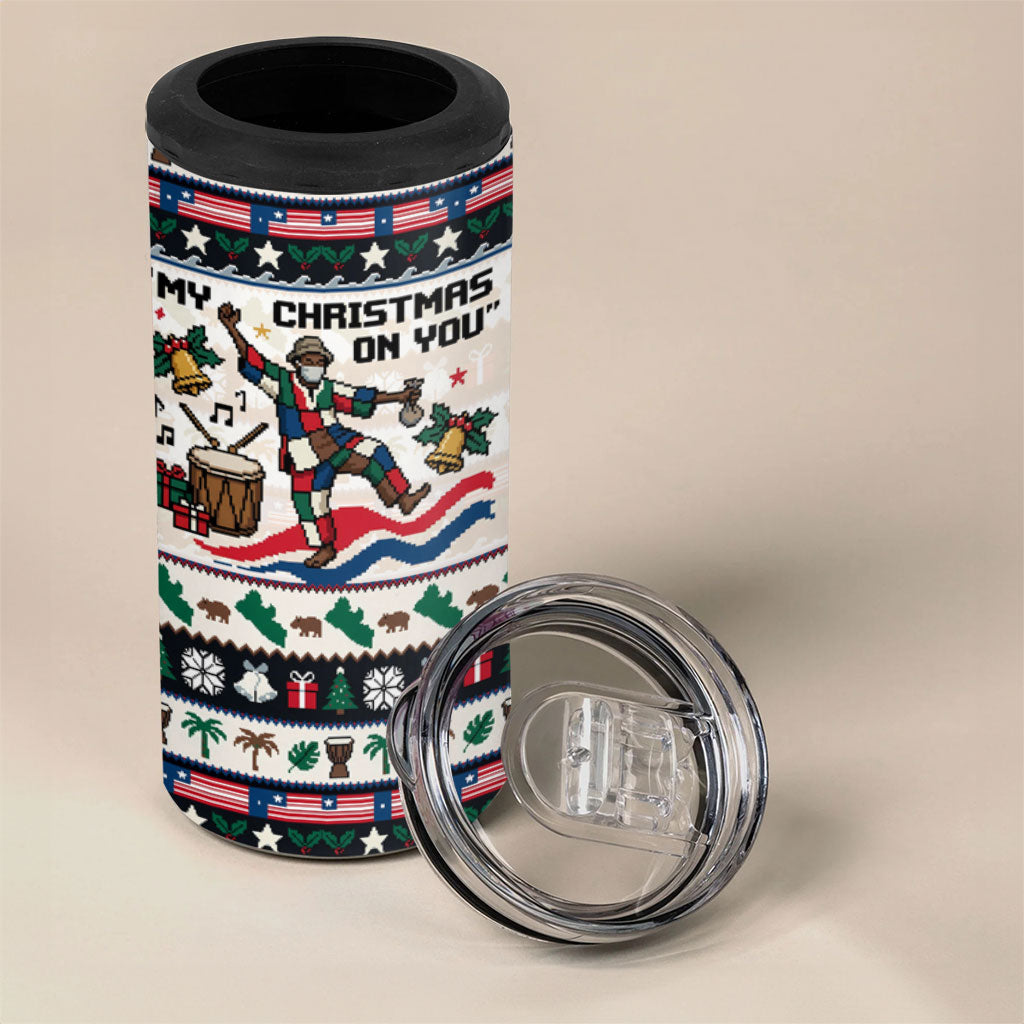 Liberia Christmas On You 4 in 1 Can Cooler Tumbler Old Man Bayka - Pygmy Hippo - Liberia Map Djembe Drum