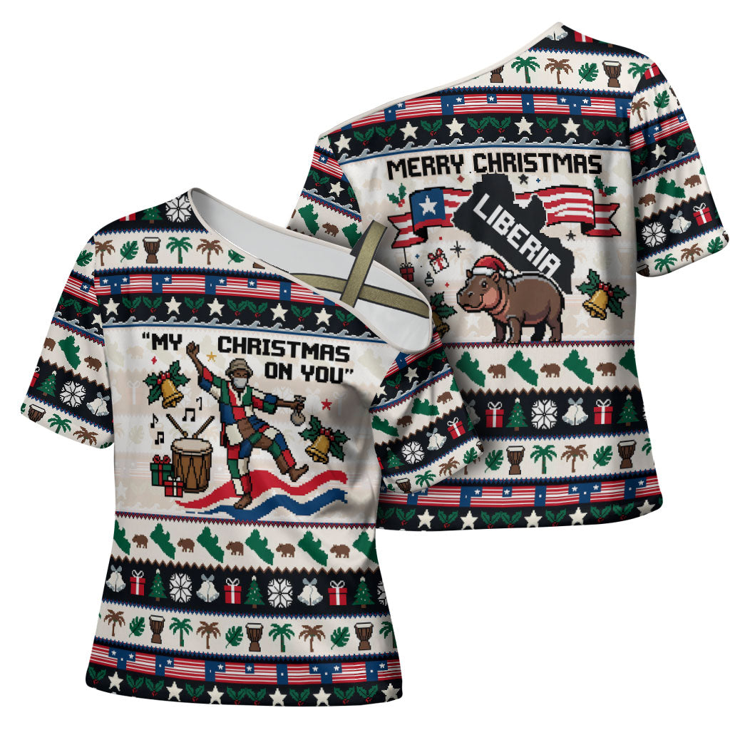Liberia Christmas On You Cross Shoulder Shirt Old Man Bayka - Pygmy Hippo - Liberia Map Djembe Drum
