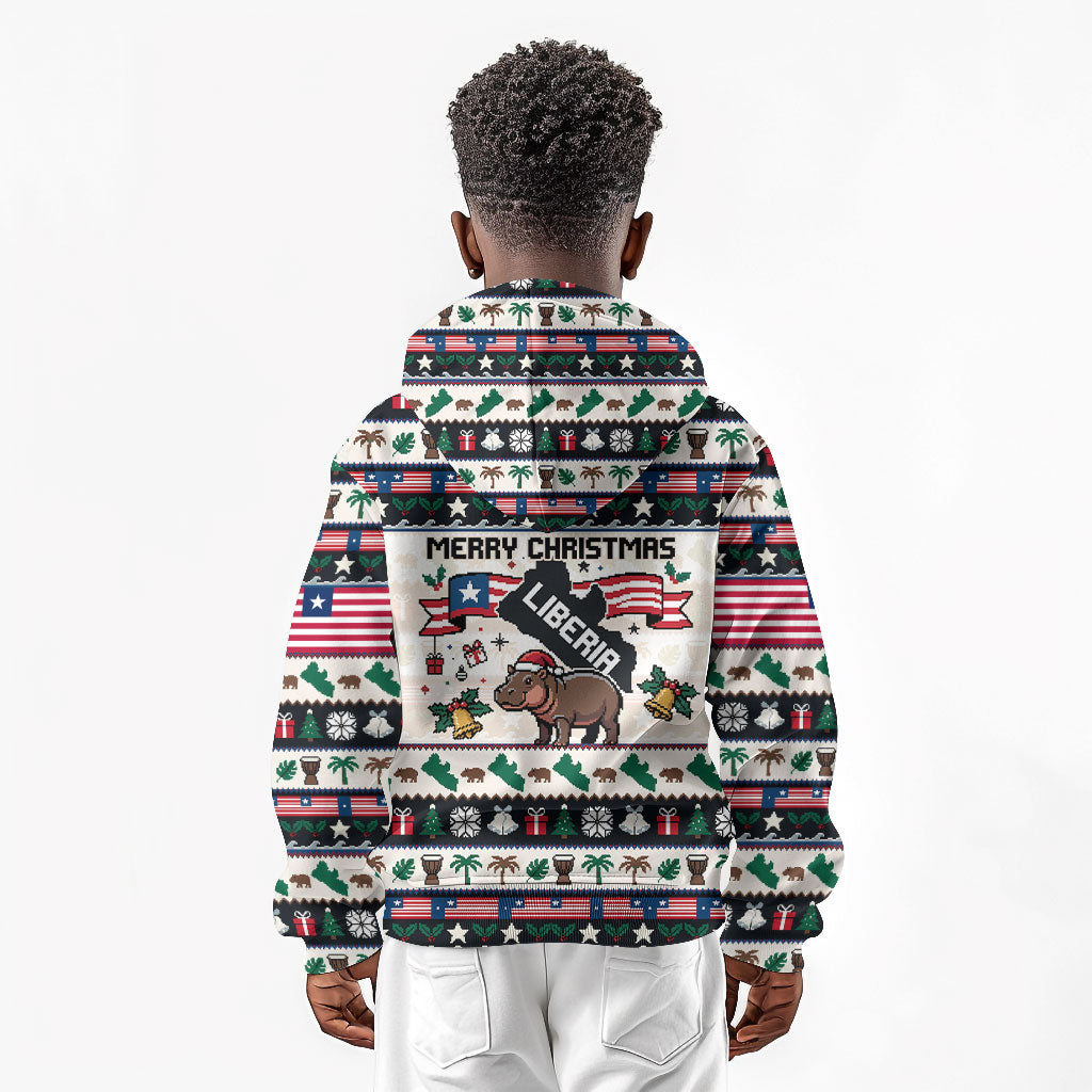 Liberia Christmas On You Kid Hoodie Old Man Bayka - Pygmy Hippo - Liberia Map Djembe Drum