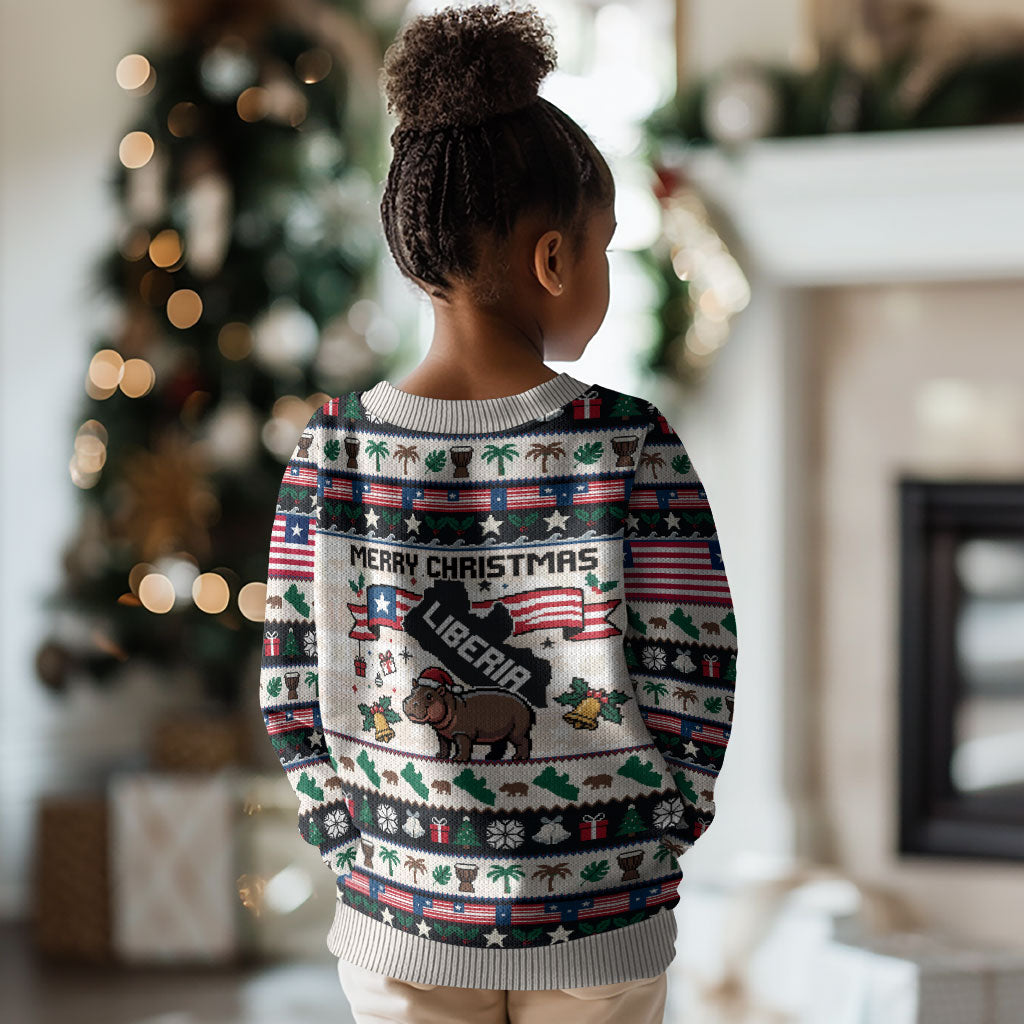 Liberia Christmas On You Kid Ugly Christmas Sweater Old Man Bayka - Pygmy Hippo - Liberia Map Djembe Drum