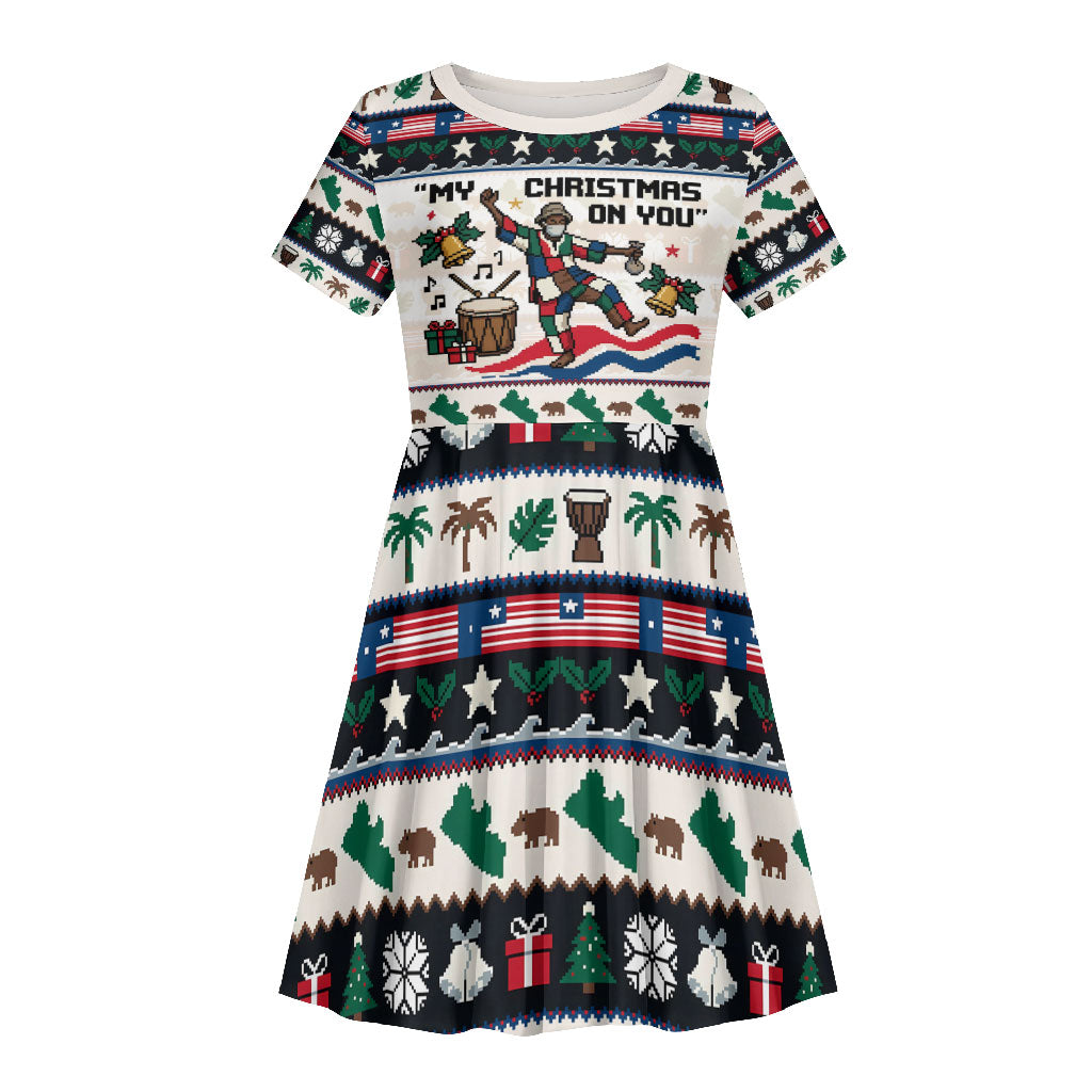 Liberia Christmas On You Kid Short Sleeve Dress Old Man Bayka - Pygmy Hippo - Liberia Map Djembe Drum