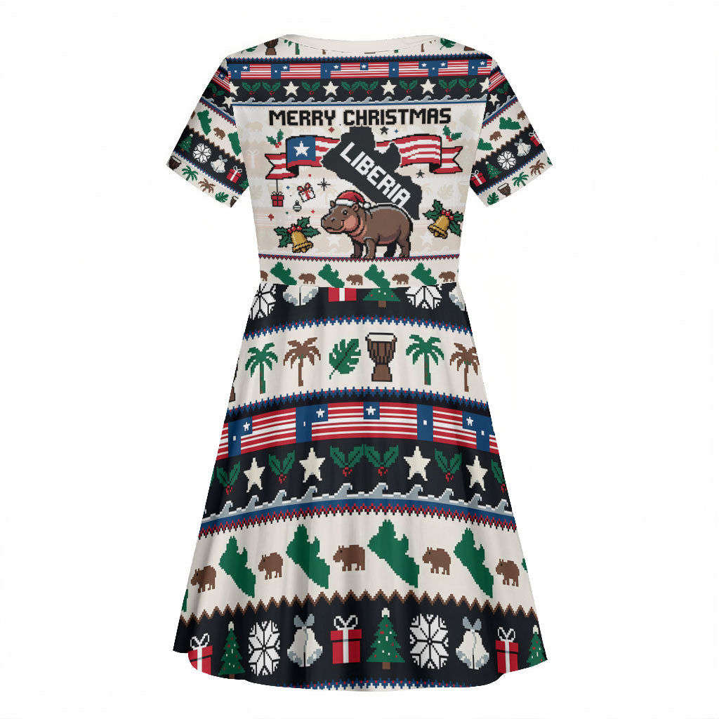 Liberia Christmas On You Kid Short Sleeve Dress Old Man Bayka - Pygmy Hippo - Liberia Map Djembe Drum