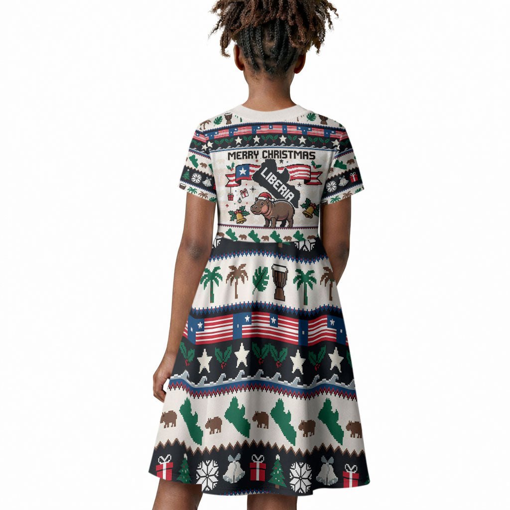 Liberia Christmas On You Kid Short Sleeve Dress Old Man Bayka - Pygmy Hippo - Liberia Map Djembe Drum