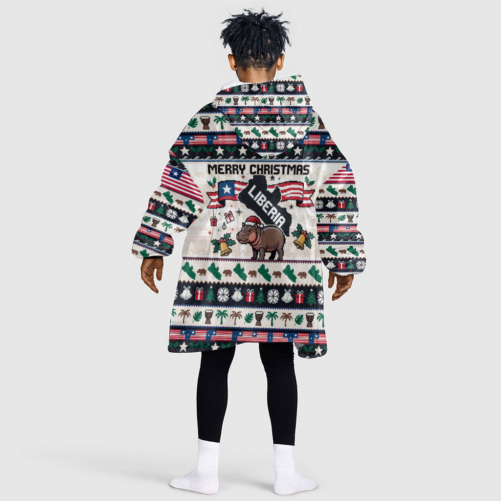 Liberia Christmas On You Kid Wearable Blanket Hoodie Old Man Bayka - Pygmy Hippo - Liberia Map Djembe Drum