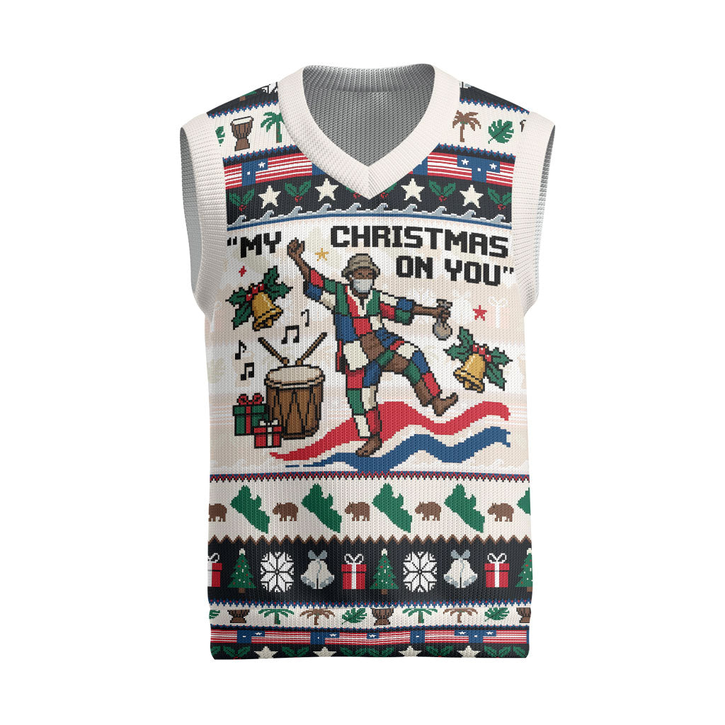Liberia Christmas On You Christmas Knitted V-Neck Vest Old Man Bayka - Pygmy Hippo - Liberia Map Djembe Drum