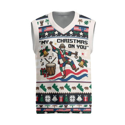 Liberia Christmas On You Christmas Knitted V-Neck Vest Old Man Bayka - Pygmy Hippo - Liberia Map Djembe Drum