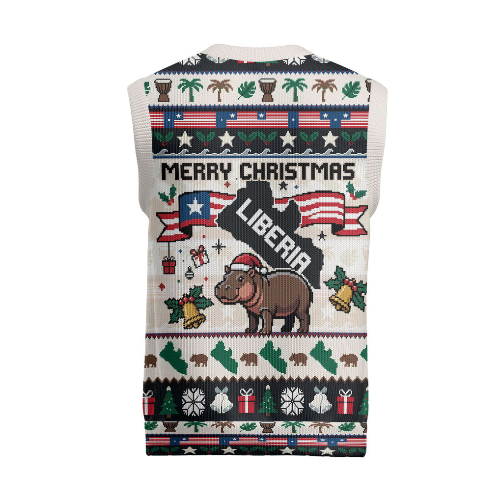Liberia Christmas On You Christmas Knitted V-Neck Vest Old Man Bayka - Pygmy Hippo - Liberia Map Djembe Drum