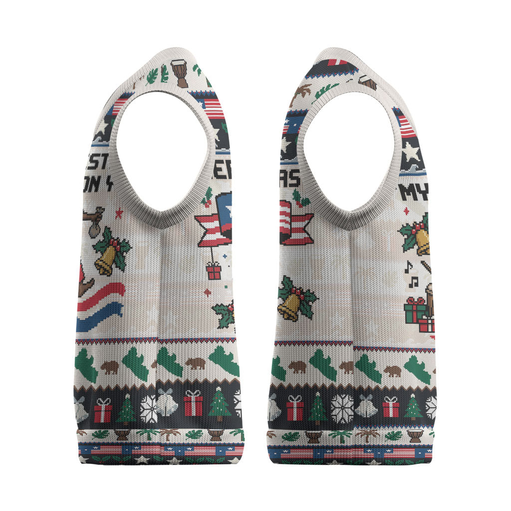 Liberia Christmas On You Christmas Knitted V-Neck Vest Old Man Bayka - Pygmy Hippo - Liberia Map Djembe Drum