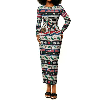 Liberia Christmas On You Long Sleeve Bodycon Dress Old Man Bayka - Pygmy Hippo - Liberia Map Djembe Drum