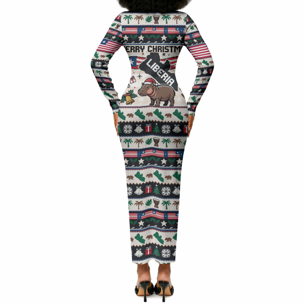 Liberia Christmas On You Long Sleeve Bodycon Dress Old Man Bayka - Pygmy Hippo - Liberia Map Djembe Drum