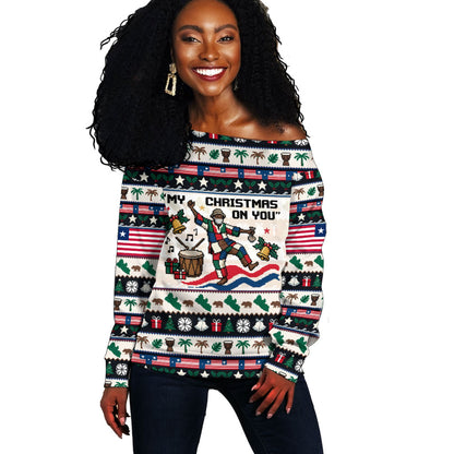 Liberia Christmas On You Off Shoulder Sweater Old Man Bayka - Pygmy Hippo - Liberia Map Djembe Drum