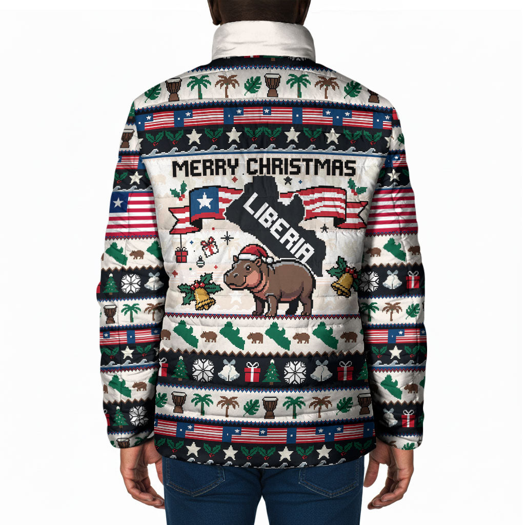 Liberia Christmas On You Padded Jacket Old Man Bayka - Pygmy Hippo - Liberia Map Djembe Drum