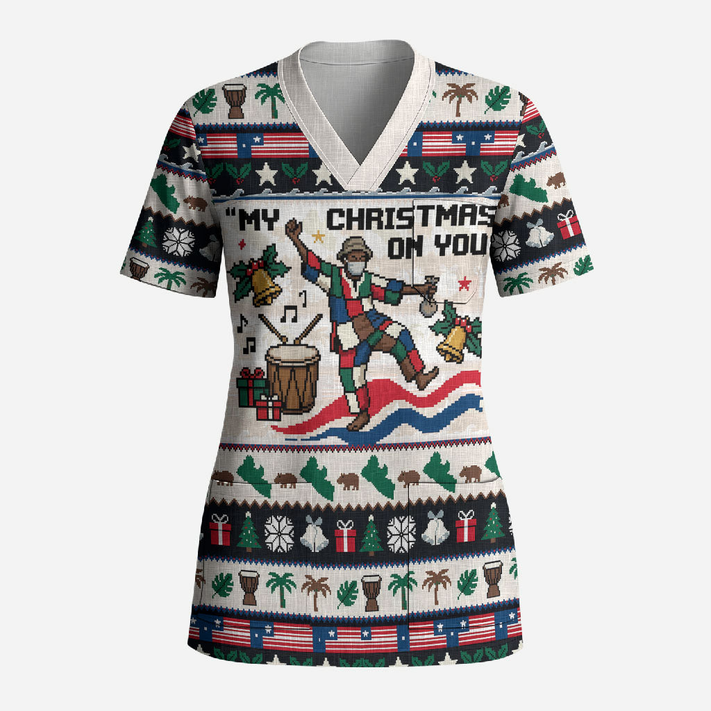 Liberia Christmas On You Scrub Top Old Man Bayka - Pygmy Hippo - Liberia Map Djembe Drum
