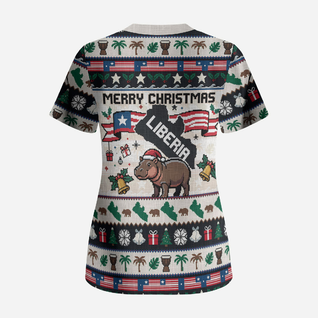 Liberia Christmas On You Scrub Top Old Man Bayka - Pygmy Hippo - Liberia Map Djembe Drum