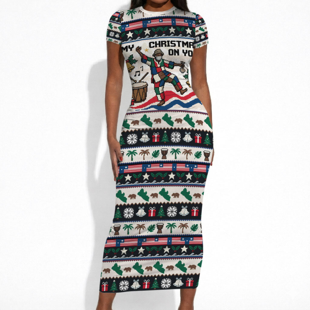 Liberia Christmas On You Short Sleeve Bodycon Dress Old Man Bayka - Pygmy Hippo - Liberia Map Djembe Drum