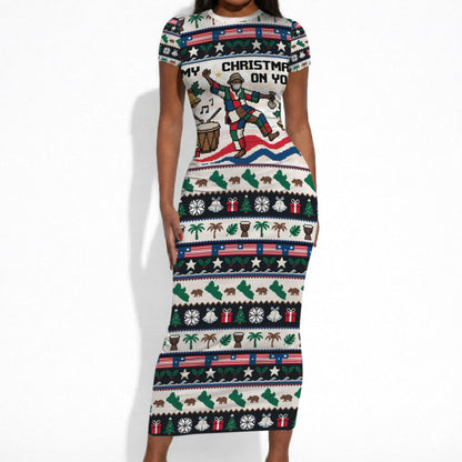 Liberia Christmas On You Short Sleeve Bodycon Dress Old Man Bayka - Pygmy Hippo - Liberia Map Djembe Drum