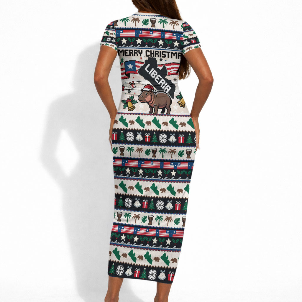 Liberia Christmas On You Short Sleeve Bodycon Dress Old Man Bayka - Pygmy Hippo - Liberia Map Djembe Drum
