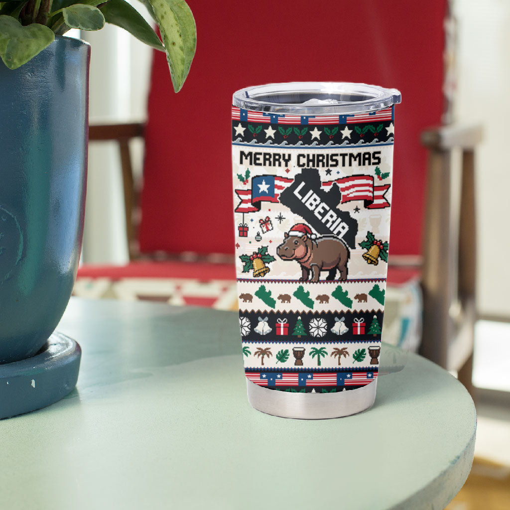 Liberia Christmas On You Tumbler Cup Old Man Bayka - Pygmy Hippo - Liberia Map Djembe Drum