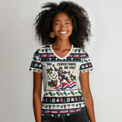 Liberia Christmas On You Women V-Neck T-Shirt Old Man Bayka - Pygmy Hippo - Liberia Map Djembe Drum