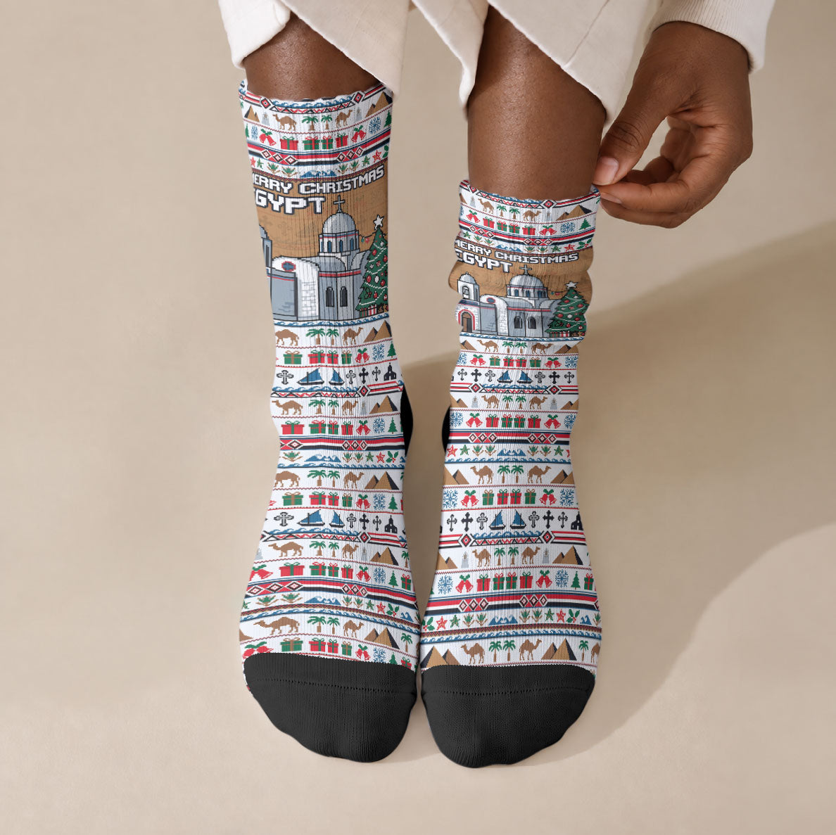 Egypt Christmas Baba Noel In Cairo Crew Socks Santa On Camel Pyramids Coptic Church
