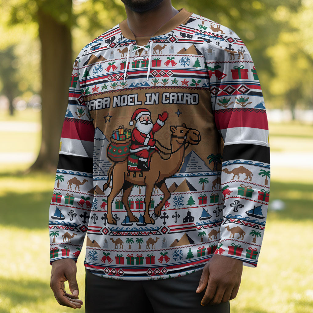 Egypt Christmas Baba Noel In Cairo Hockey Jersey Santa On Camel Pyramids Coptic Church
