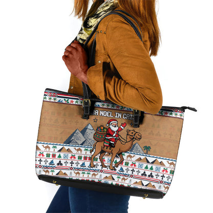 Egypt Christmas Baba Noel In Cairo Leather Tote Bag Santa On Camel Pyramids Coptic Church