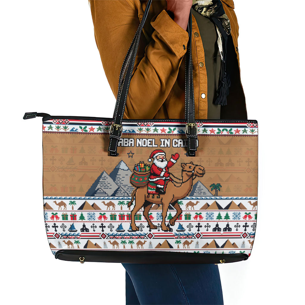 Egypt Christmas Baba Noel In Cairo Leather Tote Bag Santa On Camel Pyramids Coptic Church