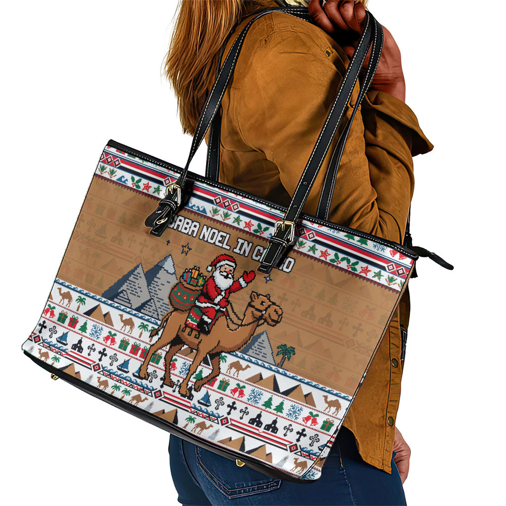 Egypt Christmas Baba Noel In Cairo Leather Tote Bag Santa On Camel Pyramids Coptic Church
