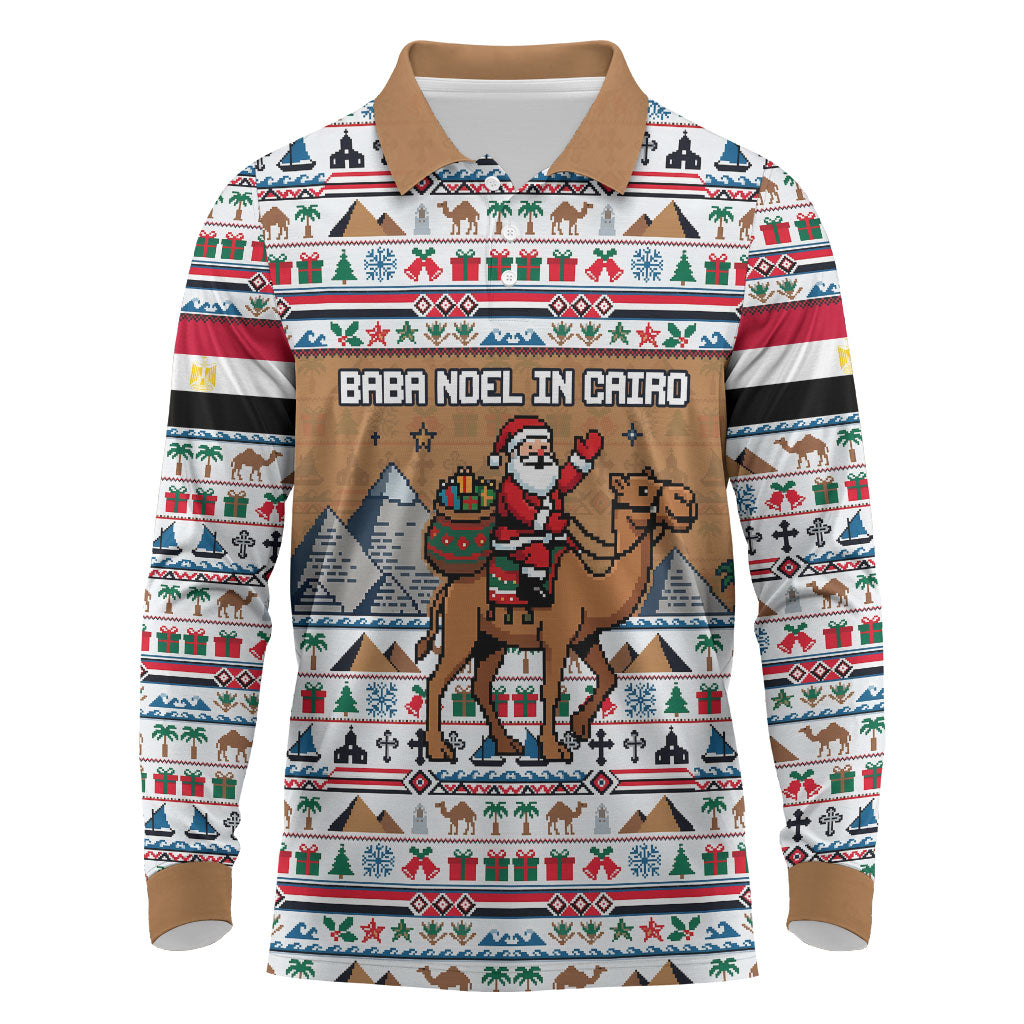 Egypt Christmas Baba Noel In Cairo Long Sleeve Polo Shirt Santa On Camel Pyramids Coptic Church