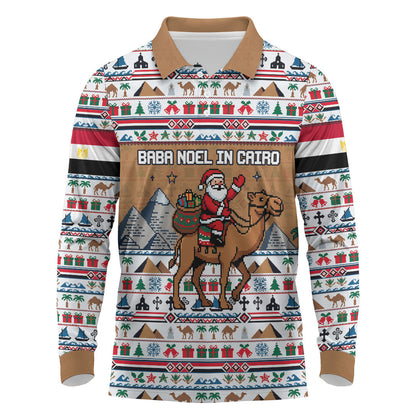 Egypt Christmas Baba Noel In Cairo Long Sleeve Polo Shirt Santa On Camel Pyramids Coptic Church