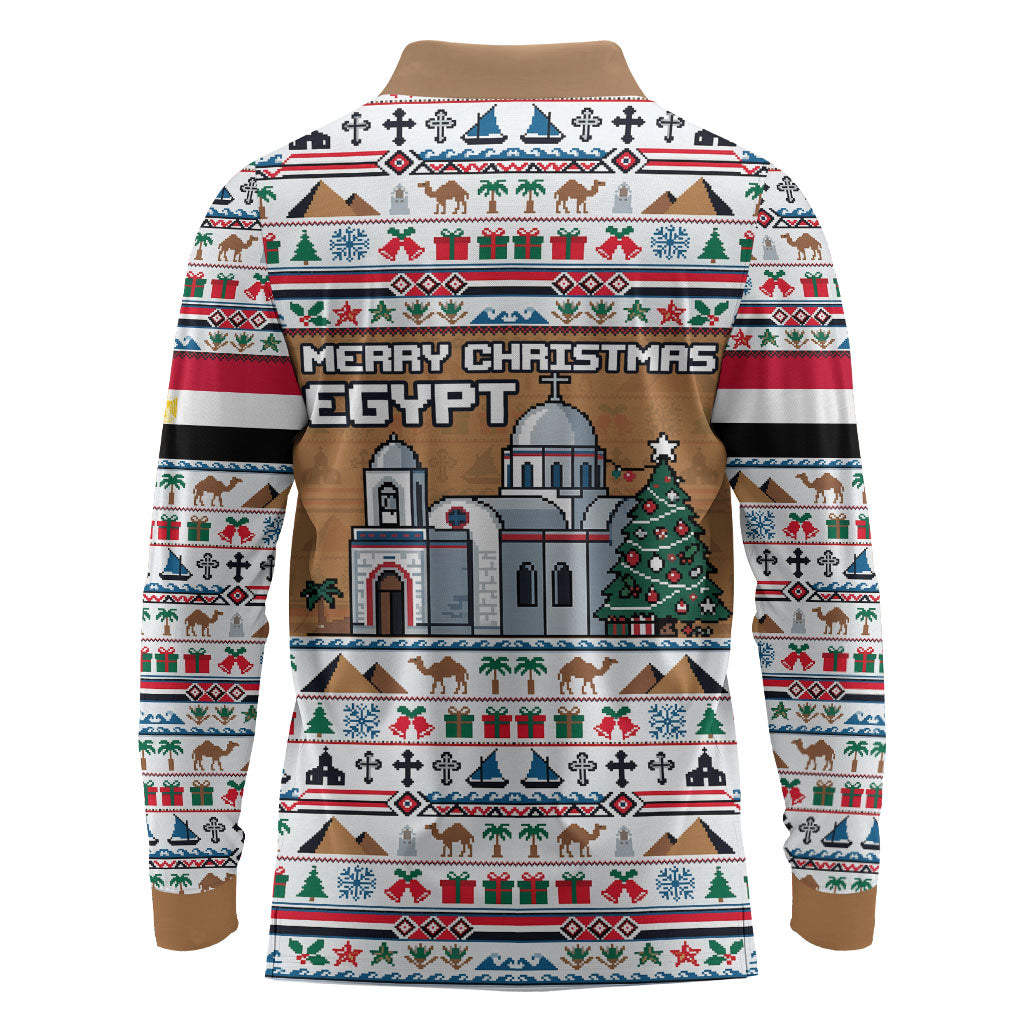Egypt Christmas Baba Noel In Cairo Long Sleeve Polo Shirt Santa On Camel Pyramids Coptic Church