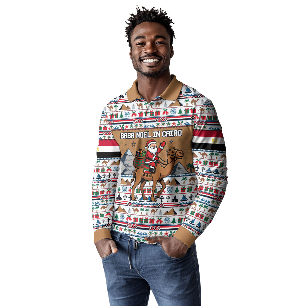 Egypt Christmas Baba Noel In Cairo Long Sleeve Polo Shirt Santa On Camel Pyramids Coptic Church