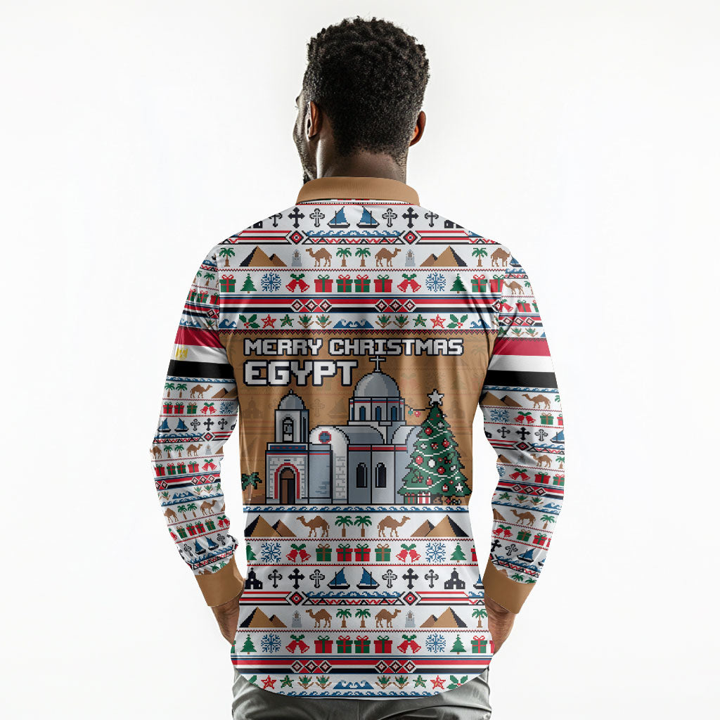 Egypt Christmas Baba Noel In Cairo Long Sleeve Polo Shirt Santa On Camel Pyramids Coptic Church